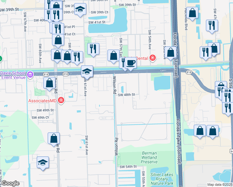 map of restaurants, bars, coffee shops, grocery stores, and more near 4771 Southwest 57th Terrace in Davie