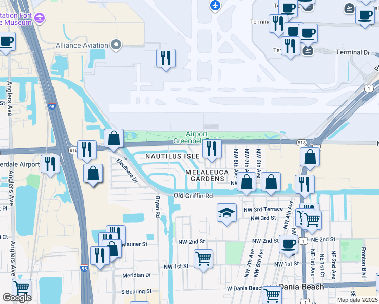 map of restaurants, bars, coffee shops, grocery stores, and more near 825 Northwest 13th Avenue in Dania Beach