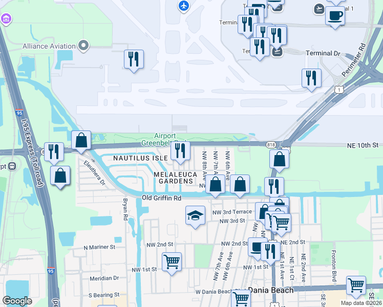 map of restaurants, bars, coffee shops, grocery stores, and more near 834 Northwest 10th Avenue in Dania Beach