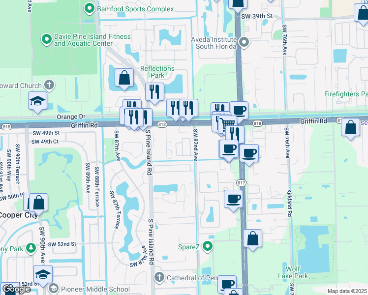 map of restaurants, bars, coffee shops, grocery stores, and more near 56 Palm in Davie