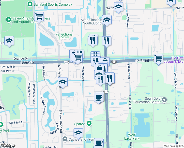 map of restaurants, bars, coffee shops, grocery stores, and more near 8160 Griffin Road in Davie