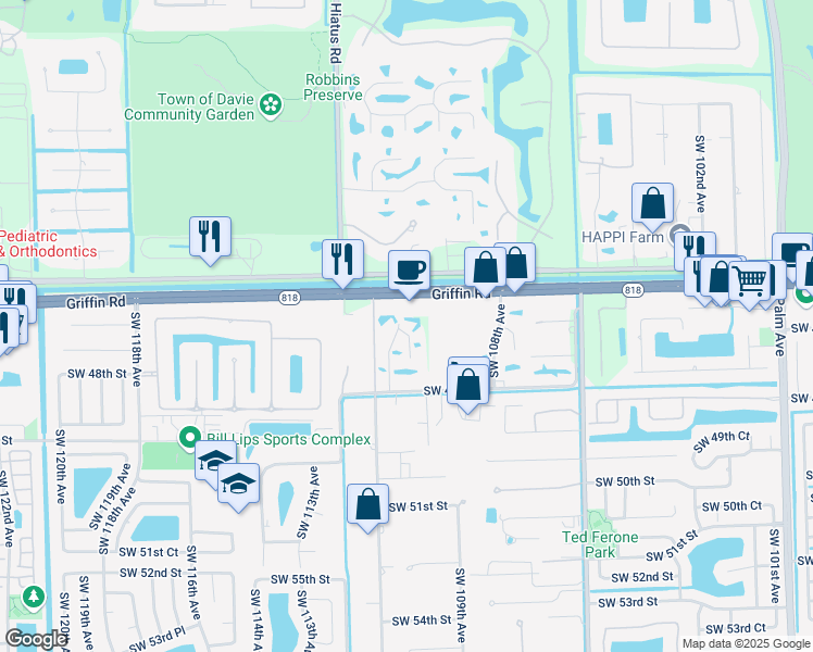 map of restaurants, bars, coffee shops, grocery stores, and more near 4650 Southwest 110th Avenue in Davie