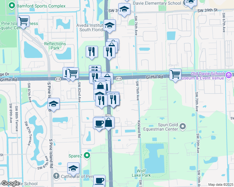 map of restaurants, bars, coffee shops, grocery stores, and more near 4675 Southwest 78th Avenue in Davie