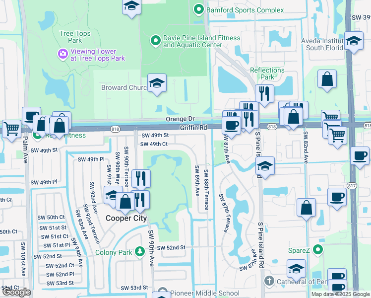 map of restaurants, bars, coffee shops, grocery stores, and more near 8860 Southwest 49th Court in Cooper City