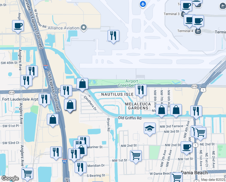 map of restaurants, bars, coffee shops, grocery stores, and more near 840 Northwest 14th Avenue in Dania Beach