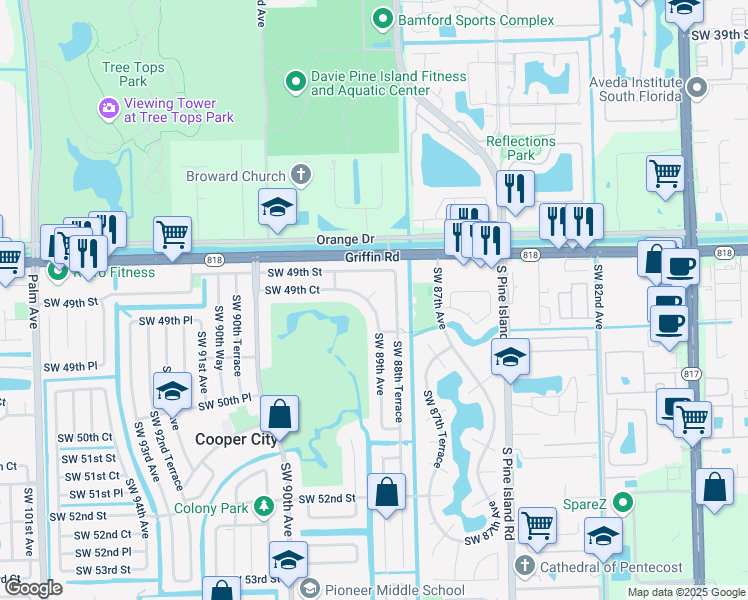 map of restaurants, bars, coffee shops, grocery stores, and more near 8860 Southwest 49th Court in Cooper City