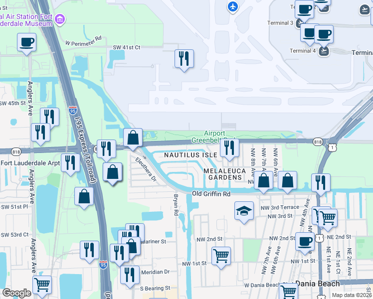 map of restaurants, bars, coffee shops, grocery stores, and more near 840 Northwest 14th Avenue in Dania Beach