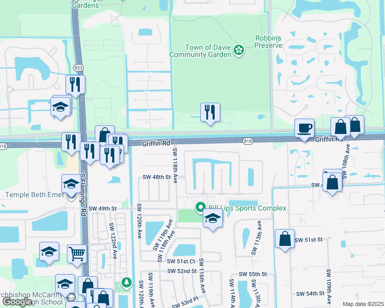map of restaurants, bars, coffee shops, grocery stores, and more near 11646 Hibbs Gruf Drive in Cooper City