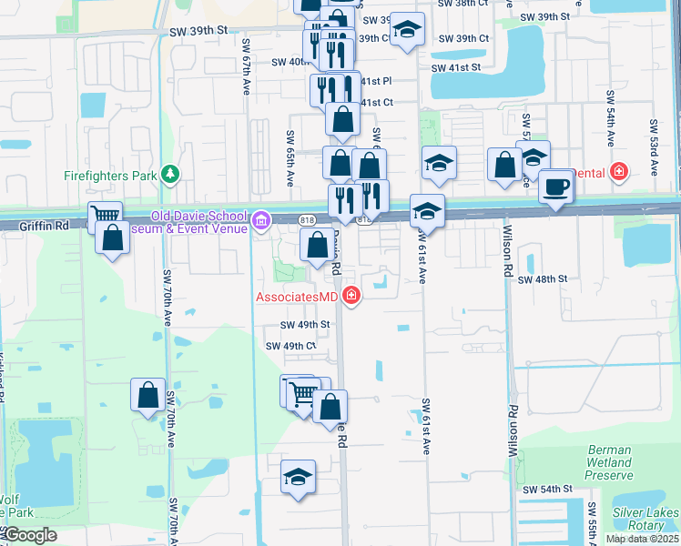 map of restaurants, bars, coffee shops, grocery stores, and more near 4740 Southwest 64th Avenue in Davie