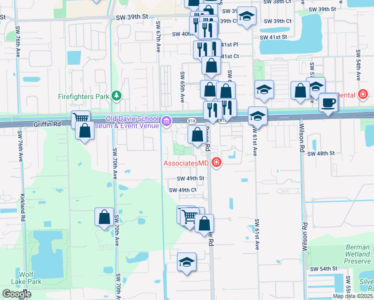 map of restaurants, bars, coffee shops, grocery stores, and more near 6550 Southwest 47th Street in Davie