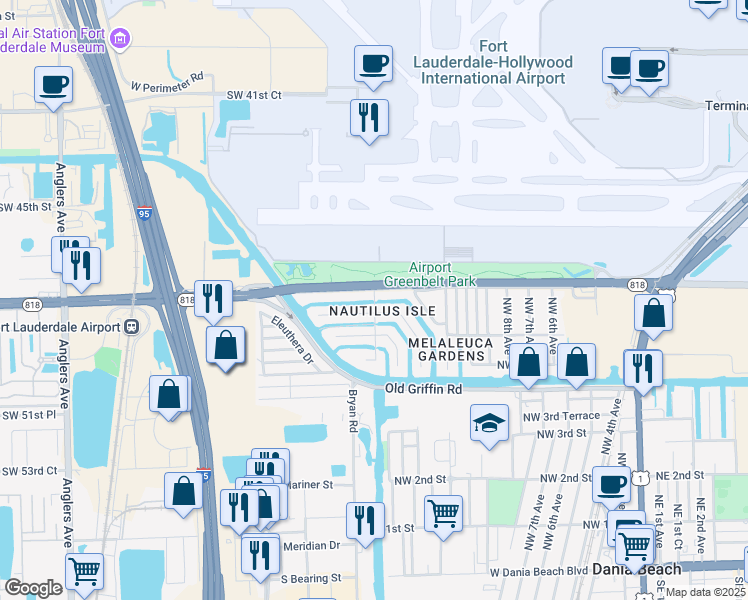 map of restaurants, bars, coffee shops, grocery stores, and more near Northwest 14th Avenue in Dania Beach