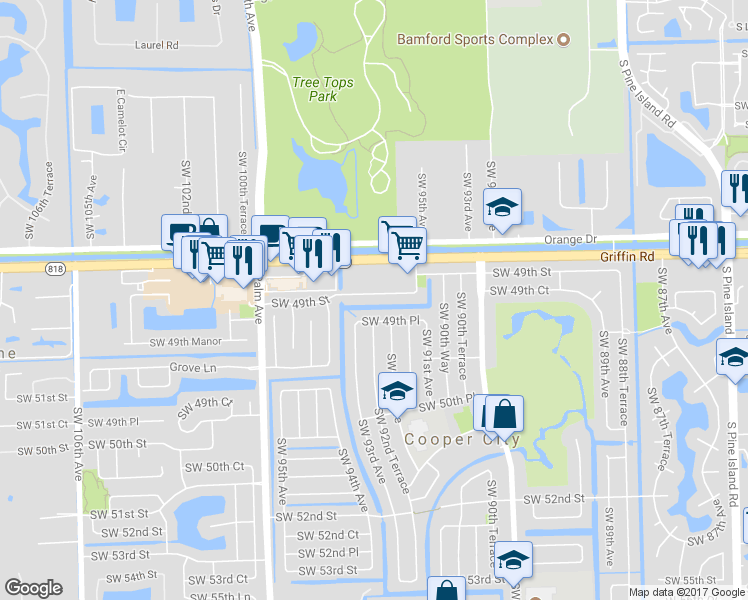 map of restaurants, bars, coffee shops, grocery stores, and more near 9240 Southwest 49th Street in Cooper City