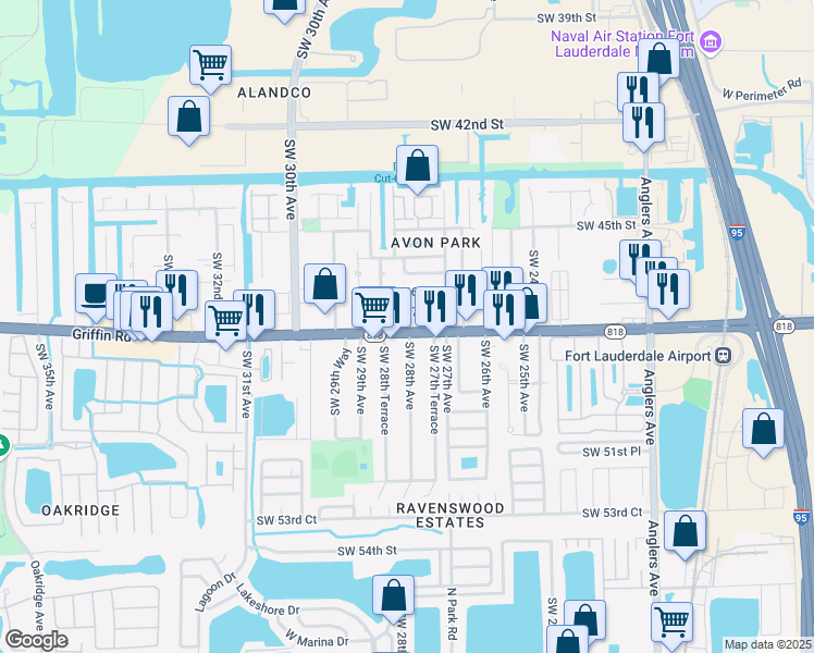 map of restaurants, bars, coffee shops, grocery stores, and more near 2765 Griffin Road in Fort Lauderdale