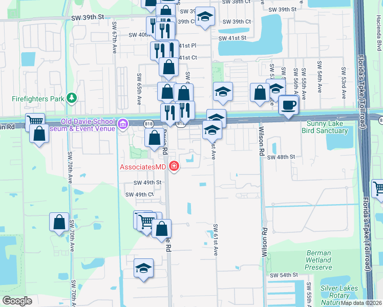 map of restaurants, bars, coffee shops, grocery stores, and more near 6250 Southwest 47th Court in Davie