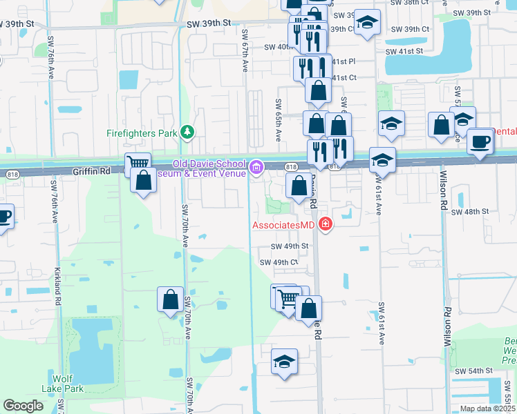map of restaurants, bars, coffee shops, grocery stores, and more near 4728 Southwest 66th Terrace in Davie