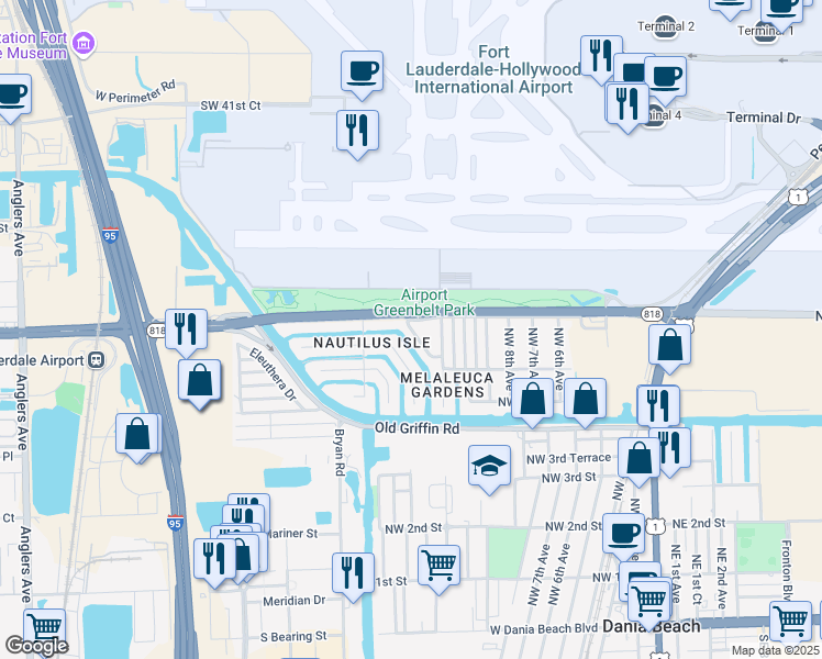 map of restaurants, bars, coffee shops, grocery stores, and more near 825 Northwest 13th Avenue in Dania Beach