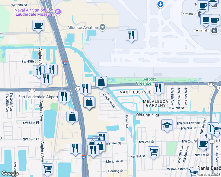 map of restaurants, bars, coffee shops, grocery stores, and more near 1501 Northwest 10th Street in Dania Beach