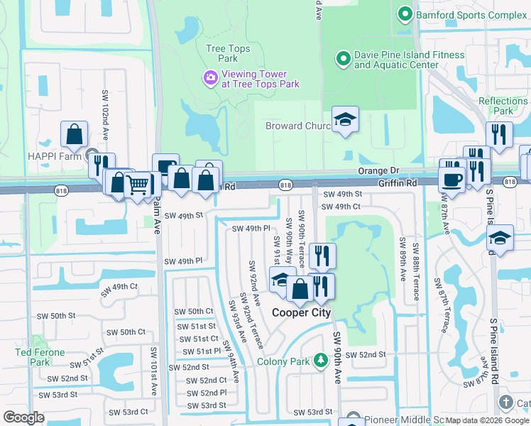 map of restaurants, bars, coffee shops, grocery stores, and more near 9140 Southwest 49th Street in Cooper City