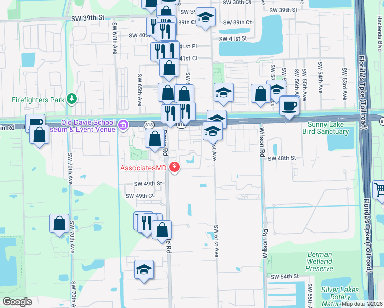 map of restaurants, bars, coffee shops, grocery stores, and more near 6250 Southwest 47th Court in Davie