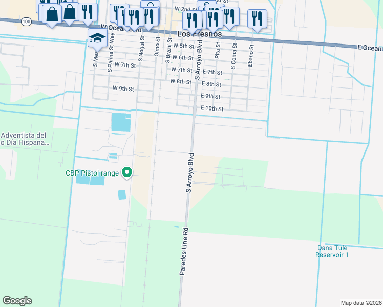 map of restaurants, bars, coffee shops, grocery stores, and more near 1005 Paredes Line Road in Los Fresnos