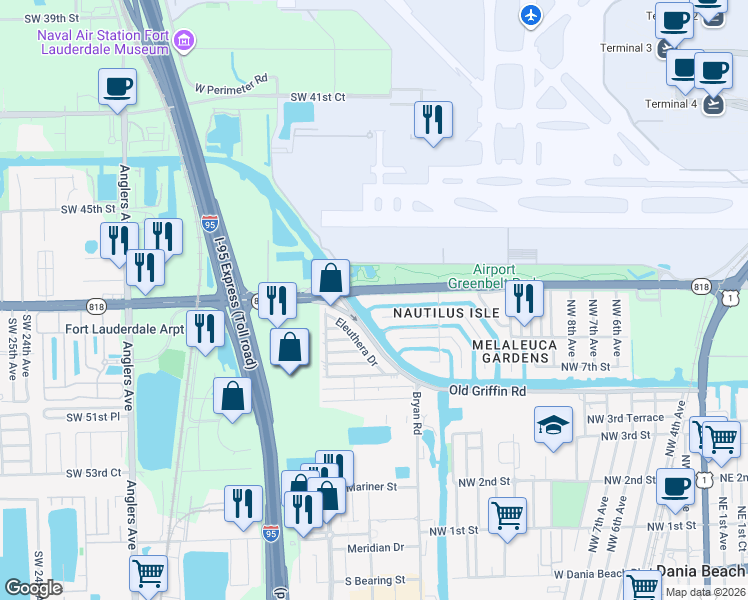 map of restaurants, bars, coffee shops, grocery stores, and more near 1501 Northwest 10th Street in Dania Beach