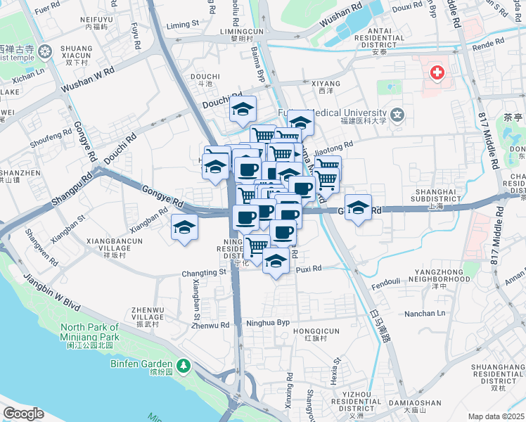 map of restaurants, bars, coffee shops, grocery stores, and more near Gong Ye Lu in Fu Zhou Shi