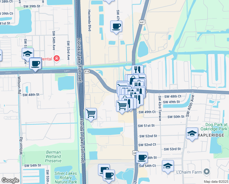map of restaurants, bars, coffee shops, grocery stores, and more near Griffin Road & Southwest 48th Avenue in Davie