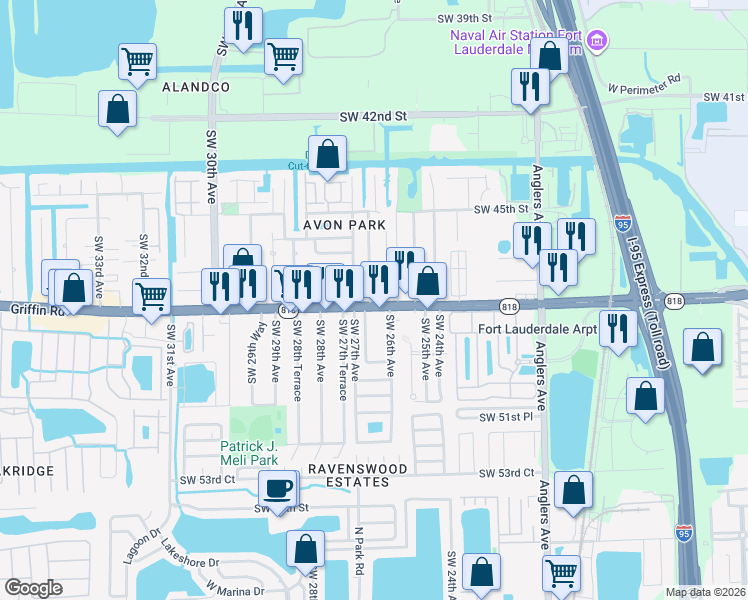 map of restaurants, bars, coffee shops, grocery stores, and more near 2608 Griffin Road in Fort Lauderdale