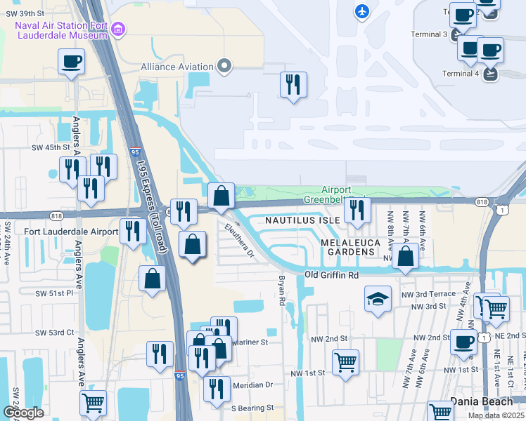 map of restaurants, bars, coffee shops, grocery stores, and more near 1436 Northwest 9th Street in Dania Beach