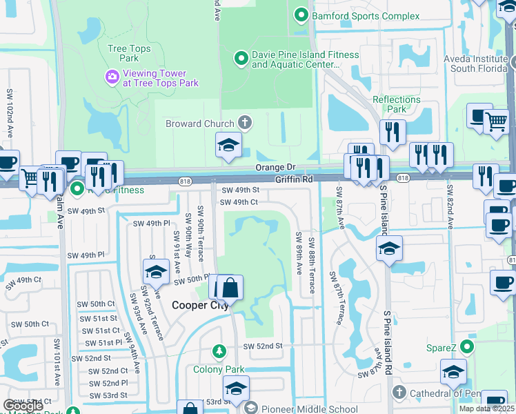 map of restaurants, bars, coffee shops, grocery stores, and more near 8912 Southwest 49th Court in Cooper City