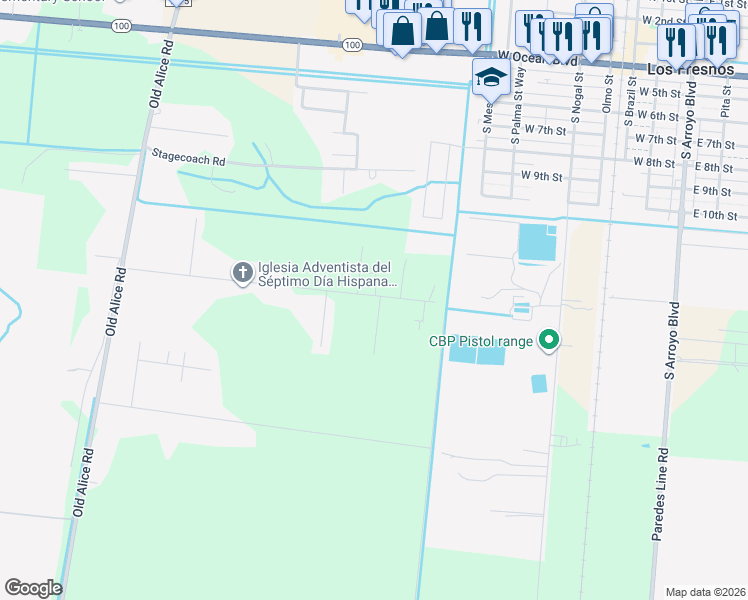 map of restaurants, bars, coffee shops, grocery stores, and more near 33062-33398 Melon Drive in Los Fresnos