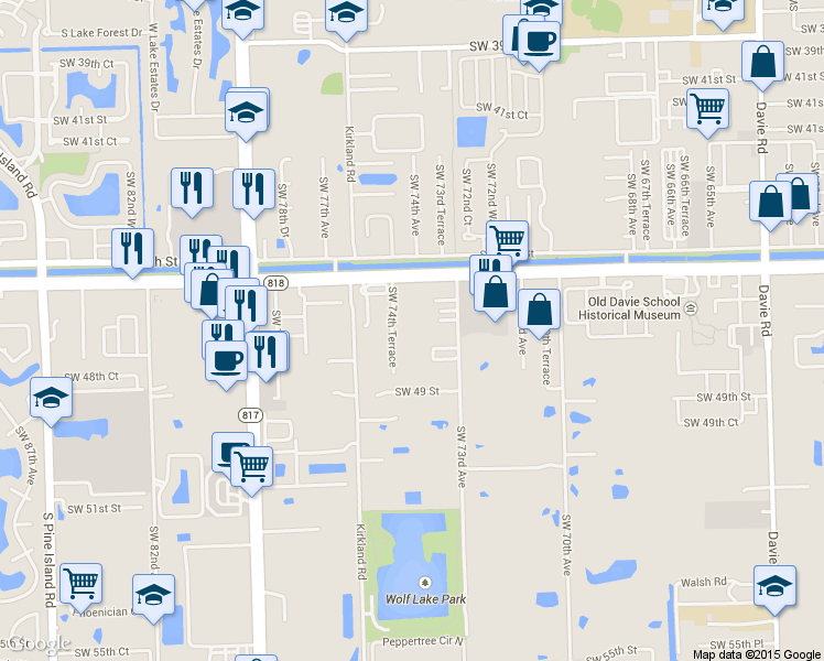 map of restaurants, bars, coffee shops, grocery stores, and more near 7370 Griffin Road in Davie