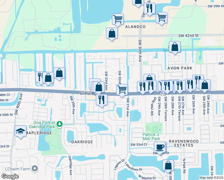map of restaurants, bars, coffee shops, grocery stores, and more near 3281 Florida 818 in Davie