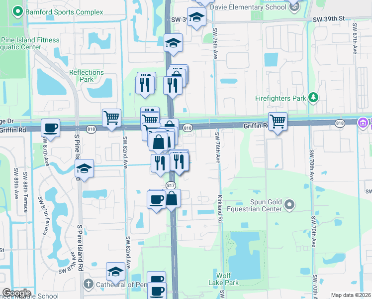 map of restaurants, bars, coffee shops, grocery stores, and more near 7783 Deercreek Court in Davie