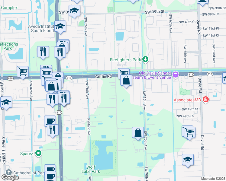 map of restaurants, bars, coffee shops, grocery stores, and more near 4755 Southwest 73rd Avenue in Davie