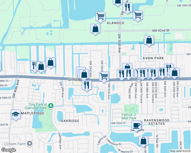 map of restaurants, bars, coffee shops, grocery stores, and more near 3281 Florida 818 in Davie