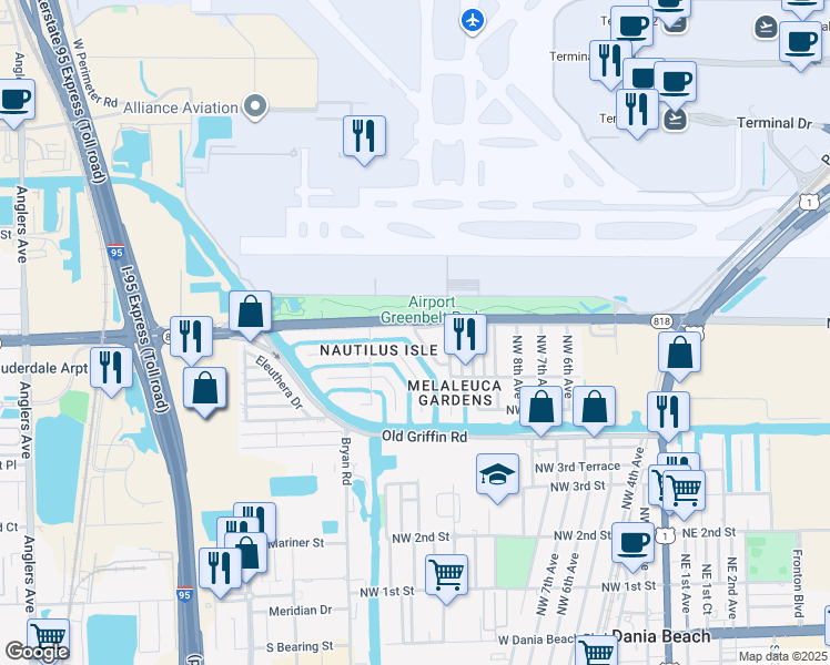 map of restaurants, bars, coffee shops, grocery stores, and more near 831 Northwest 13th Avenue in Dania Beach