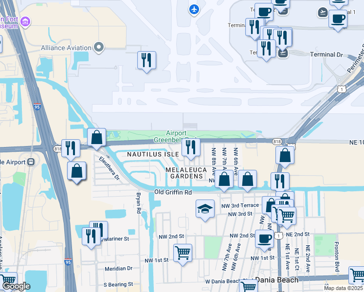 map of restaurants, bars, coffee shops, grocery stores, and more near 817 Northwest 12th Avenue in Dania Beach