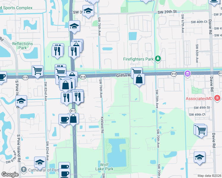 map of restaurants, bars, coffee shops, grocery stores, and more near 4691 Southwest 74th Terrace in Davie