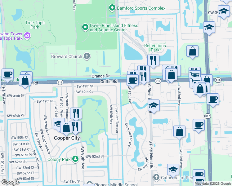 map of restaurants, bars, coffee shops, grocery stores, and more near 4951 Southwest 88th Terrace in Cooper City
