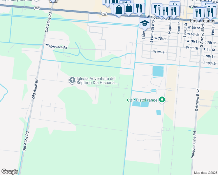 map of restaurants, bars, coffee shops, grocery stores, and more near 33062-33398 Melon Drive in Los Fresnos