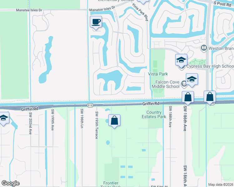 map of restaurants, bars, coffee shops, grocery stores, and more near 19354 South Whitewater Avenue in Weston