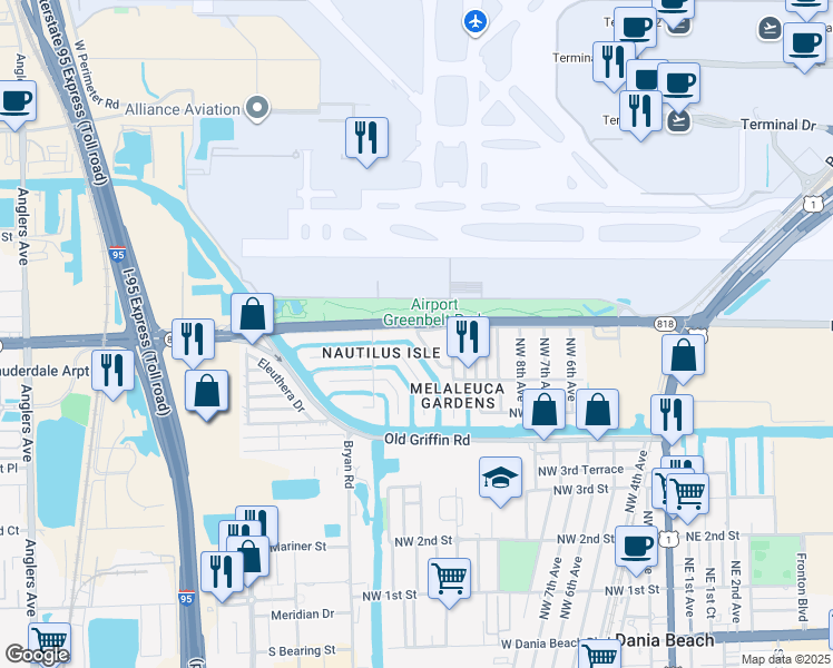 map of restaurants, bars, coffee shops, grocery stores, and more near 841 Northwest 13th Avenue in Dania Beach