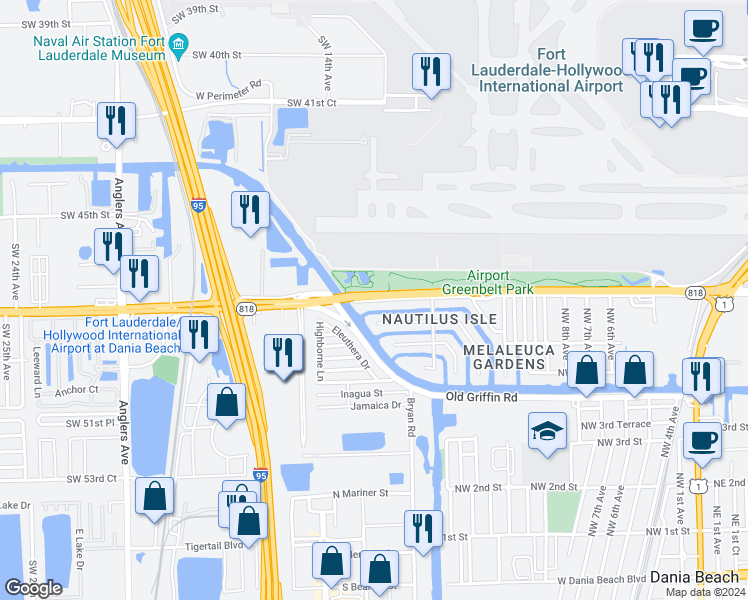 map of restaurants, bars, coffee shops, grocery stores, and more near 1436 Northwest 9th Street in Dania Beach