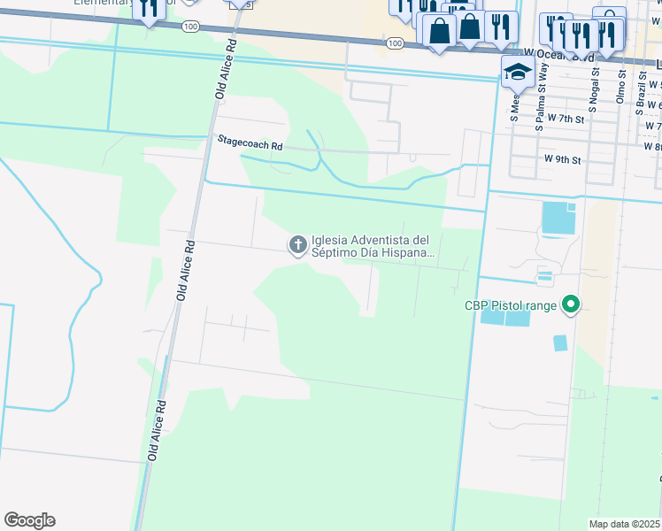 map of restaurants, bars, coffee shops, grocery stores, and more near 32736-32770 Melon Drive in Los Fresnos