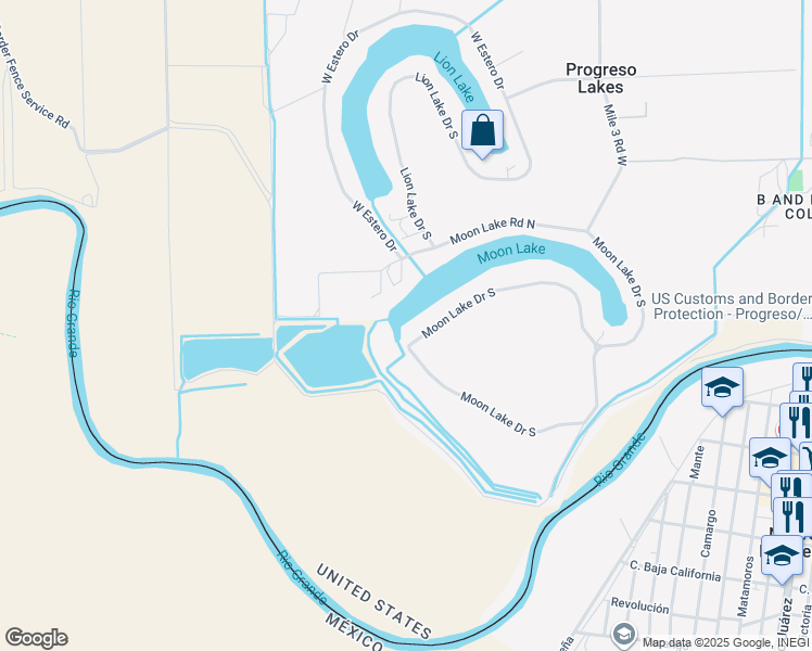 map of restaurants, bars, coffee shops, grocery stores, and more near 331 Moon Lake Drive South in Weslaco