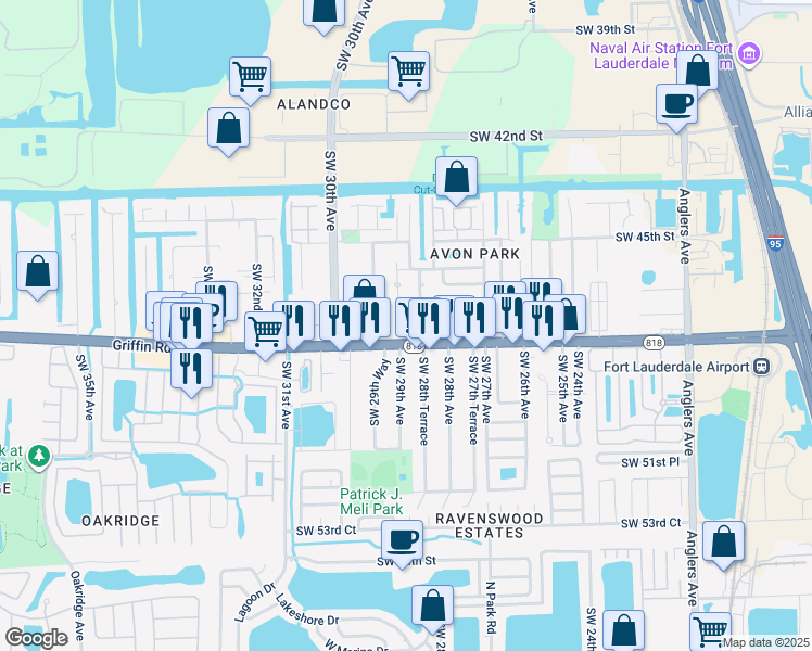 map of restaurants, bars, coffee shops, grocery stores, and more near 2851 Florida 818 in Fort Lauderdale
