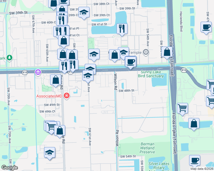 map of restaurants, bars, coffee shops, grocery stores, and more near 4621 Southwest 58th Avenue in Davie