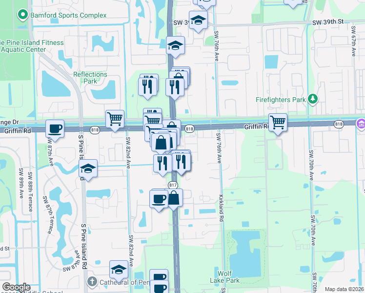 map of restaurants, bars, coffee shops, grocery stores, and more near 4675 Southwest 78th Avenue in Davie