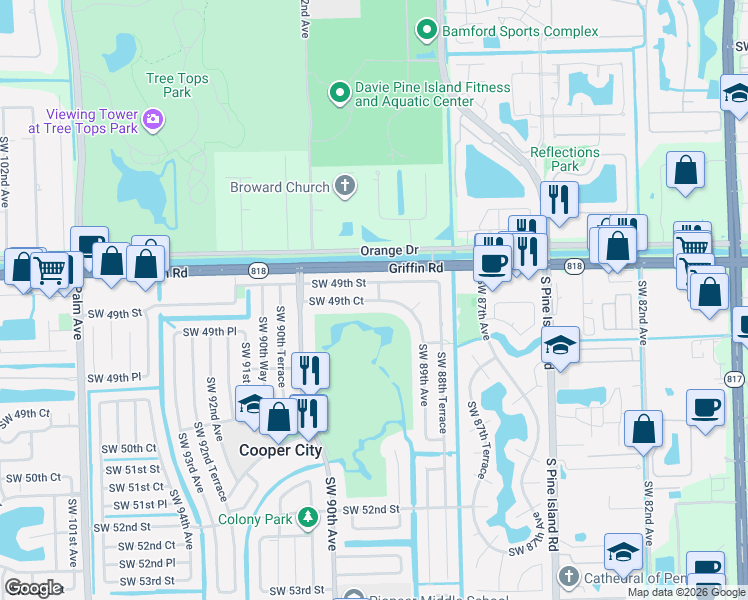 map of restaurants, bars, coffee shops, grocery stores, and more near 8912 Southwest 49th Court in Cooper City